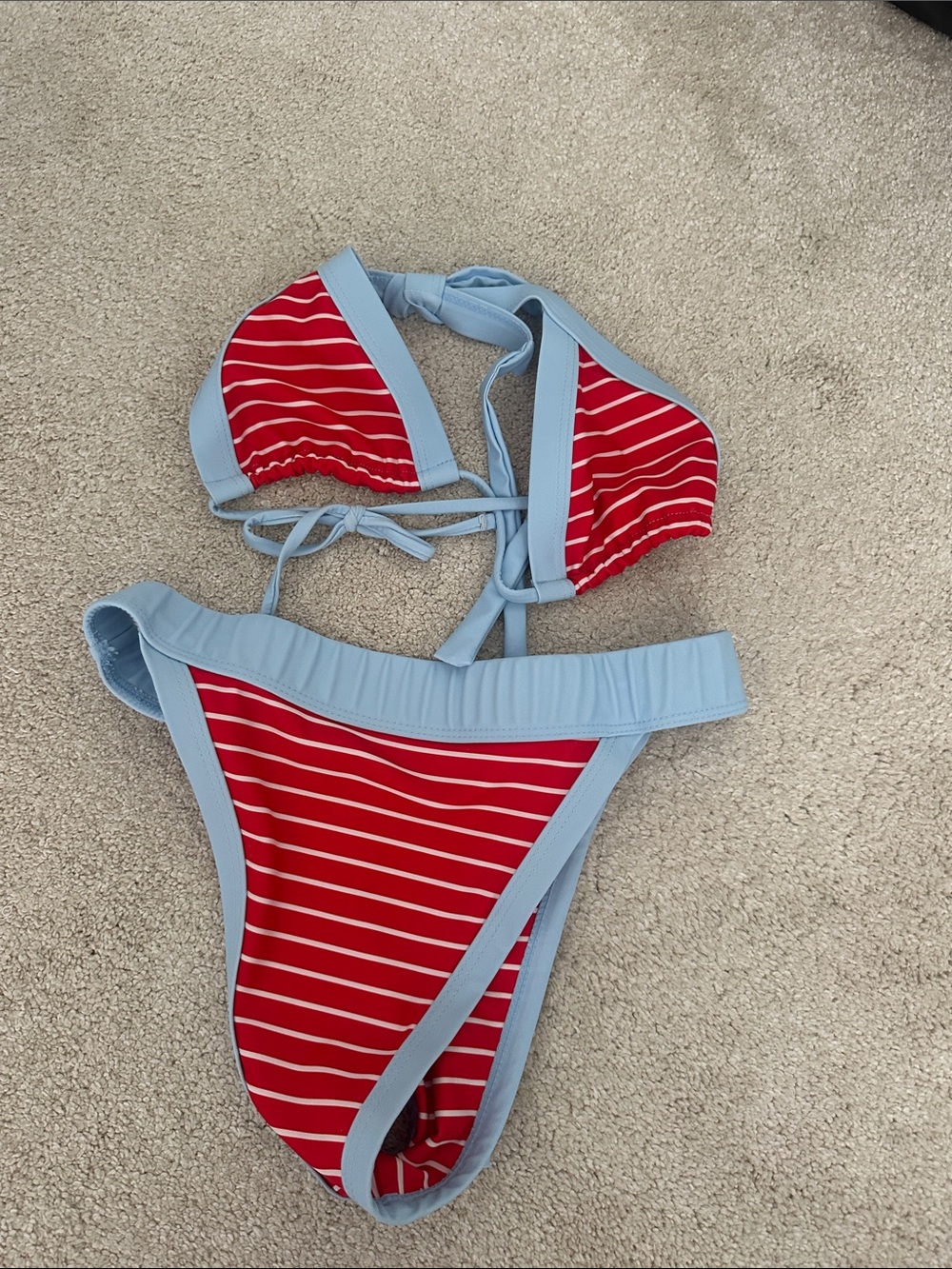Red & Light Blue Striped Bikini Set